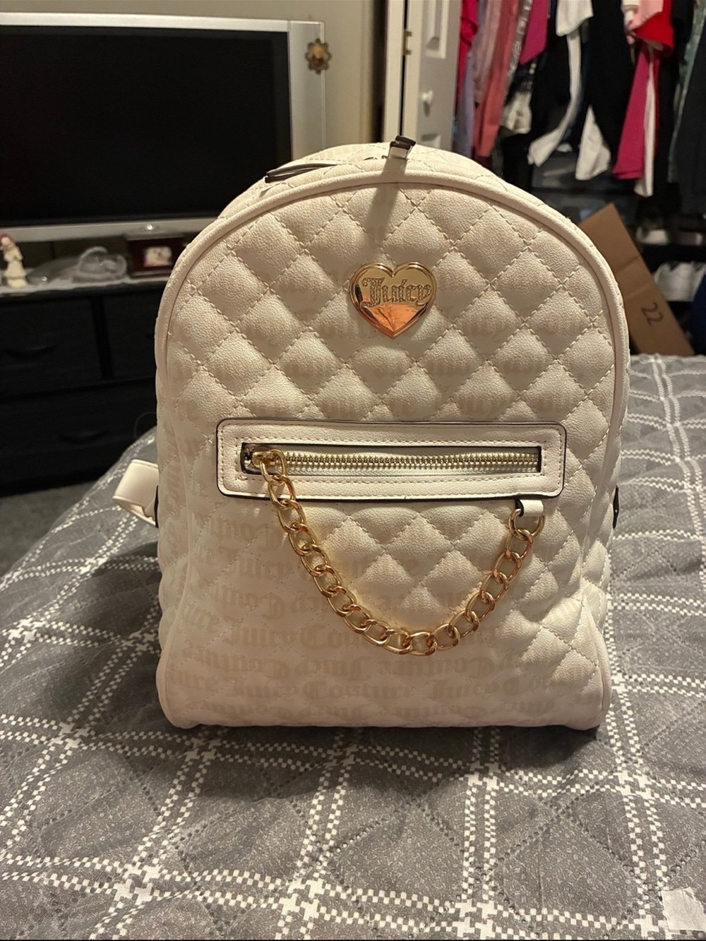 Juicy Couture Cream Quilted Mini Backpack with Gold Heart Logo